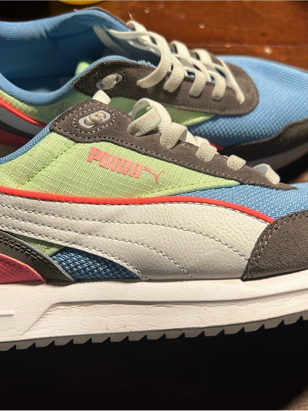 Puma Multicolor Retro Runner Sneakers - Blue, Green, White, Gray, Coral Accents